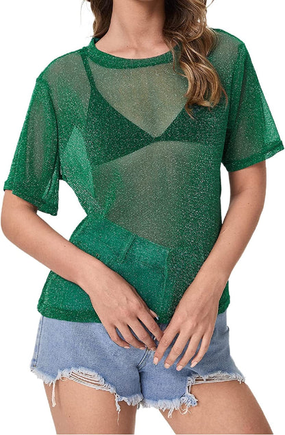 Makemechic Women'S Summer Short Sleeve Tops See through Mesh Sheer Sexy T Shirt Blouse Dark Green Glitter / Large