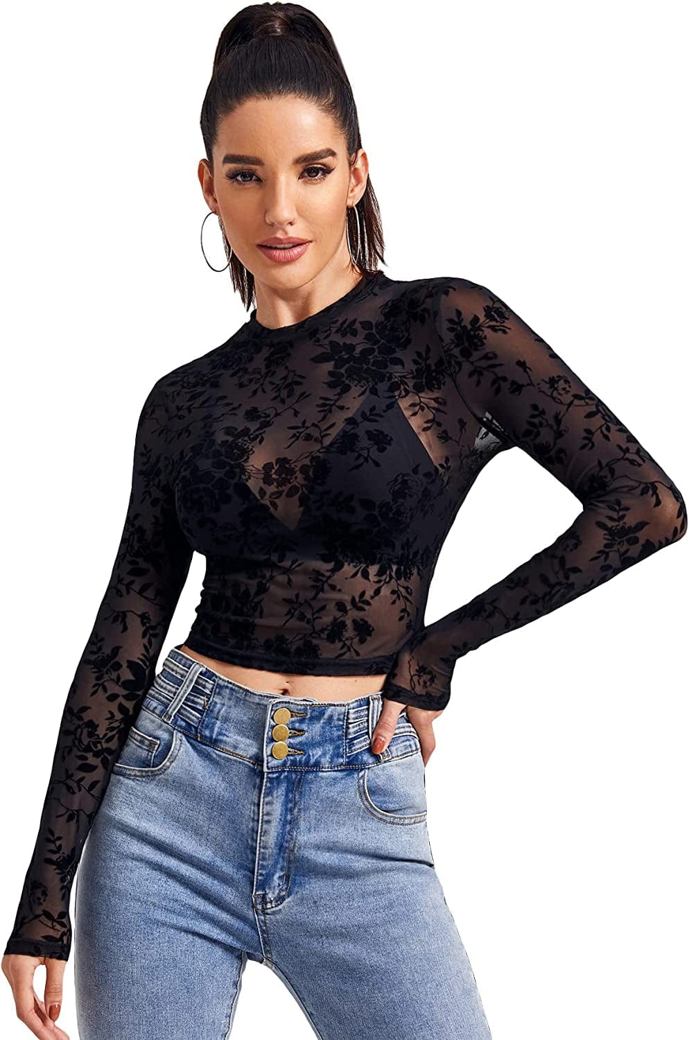 Makemechic Women'S Summer Short Sleeve Tops See through Mesh Sheer Sexy T Shirt Blouse Black Long Sleeve / Large