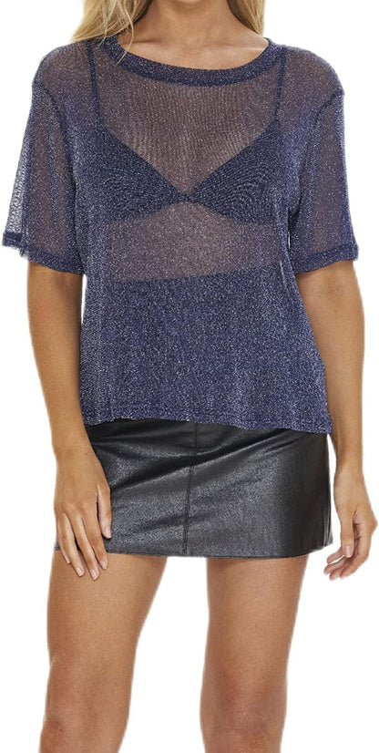 Makemechic Women'S Summer Short Sleeve Tops See through Mesh Sheer Sexy T Shirt Blouse Navy Blue Glitter / Large