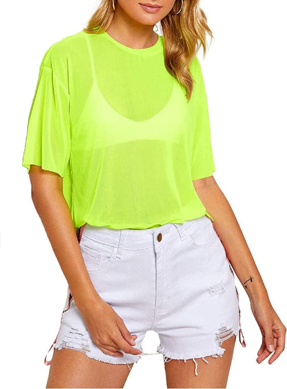 Makemechic Women'S Summer Short Sleeve Tops See through Mesh Sheer Sexy T Shirt Blouse A Green / Large