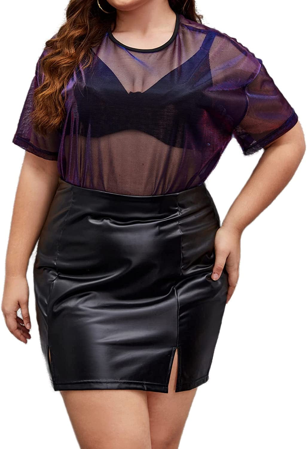 Makemechic Women'S Summer Short Sleeve Tops See through Mesh Sheer Sexy T Shirt Blouse Plus Black / Large Plus