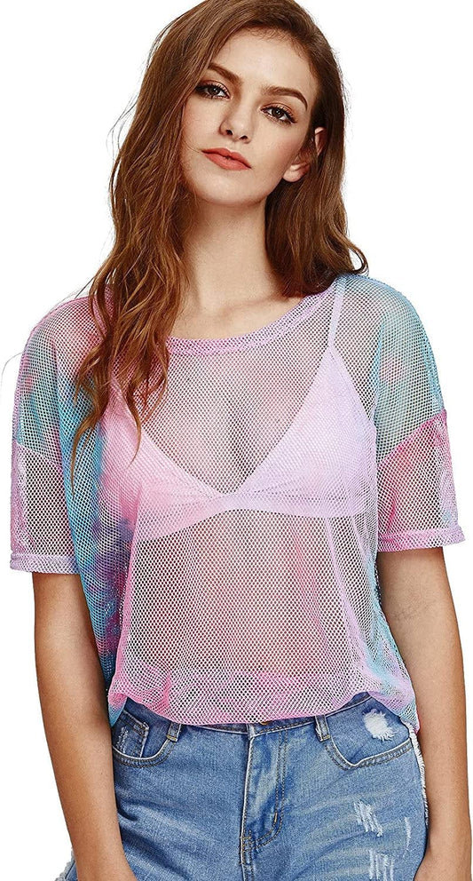 Makemechic Women'S Summer Short Sleeve Tops See through Mesh Sheer Sexy T Shirt Blouse Multi / Large