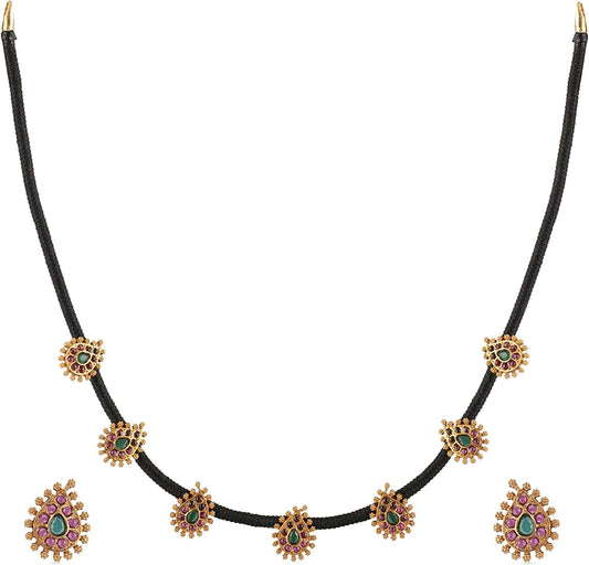 Makul Antique Gold-Plated Indian Jewelry Set with CZ Pendant Necklace and Earrings - Red Green