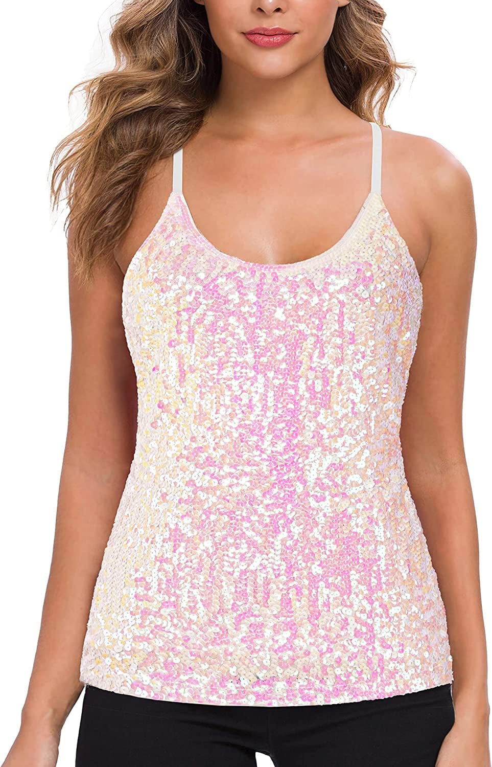 MANER Women’S Sequin Tops Glitter Party Strappy Tank Top Sparkle Cami Color White / Large