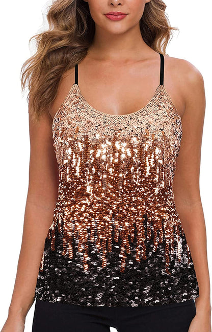MANER Women’S Sequin Tops Glitter Party Strappy Tank Top Sparkle Cami Light Brown/Coffee/Black / Small