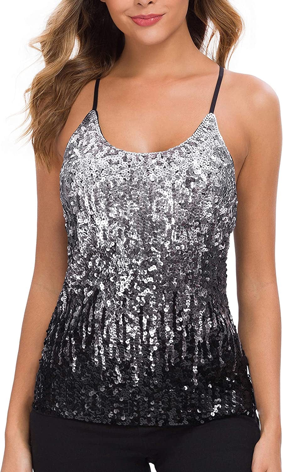 MANER Women’S Sequin Tops Glitter Party Strappy Tank Top Sparkle Cami Silver/Gray/Black / Large