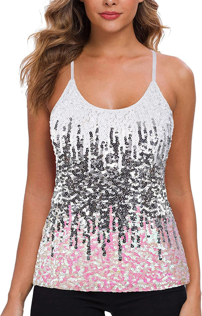 MANER Women’S Sequin Tops Glitter Party Strappy Tank Top Sparkle Cami White/Silver/Iridescent / Small