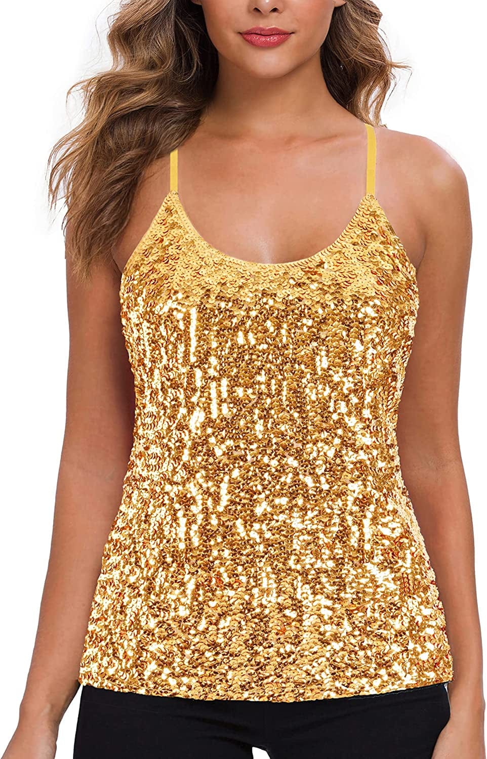 MANER Women’S Sequin Tops Glitter Party Strappy Tank Top Sparkle Cami Gold / Small