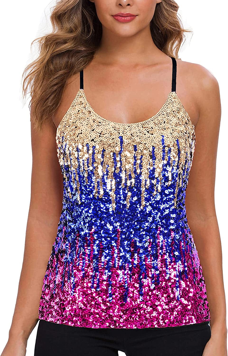MANER Women’S Sequin Tops Glitter Party Strappy Tank Top Sparkle Cami Gold/Royal Blue/Purple / Small