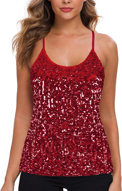 MANER Women’S Sequin Tops Glitter Party Strappy Tank Top Sparkle Cami Burgundy / Small