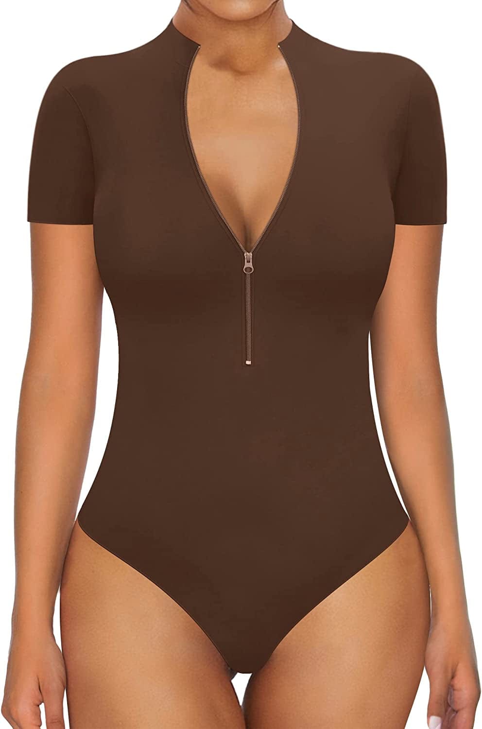 MANGOPOP Sexy Bodysuit for Women Zipper Mock V Neck Sleeveless Short Sleeve Long Sleeve Tops T Shirts Jumpsuit Short Sleeve Coffee / Large