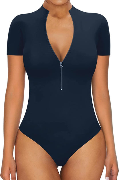 MANGOPOP Sexy Bodysuit for Women Zipper Mock V Neck Sleeveless Short Sleeve Long Sleeve Tops T Shirts Jumpsuit Short Sleeve Deep Blue / Small