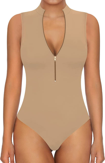 MANGOPOP Sexy Bodysuit for Women Zipper Mock V Neck Sleeveless Short Sleeve Long Sleeve Tops T Shirts Jumpsuit Sleeveless Mocha / X-Large