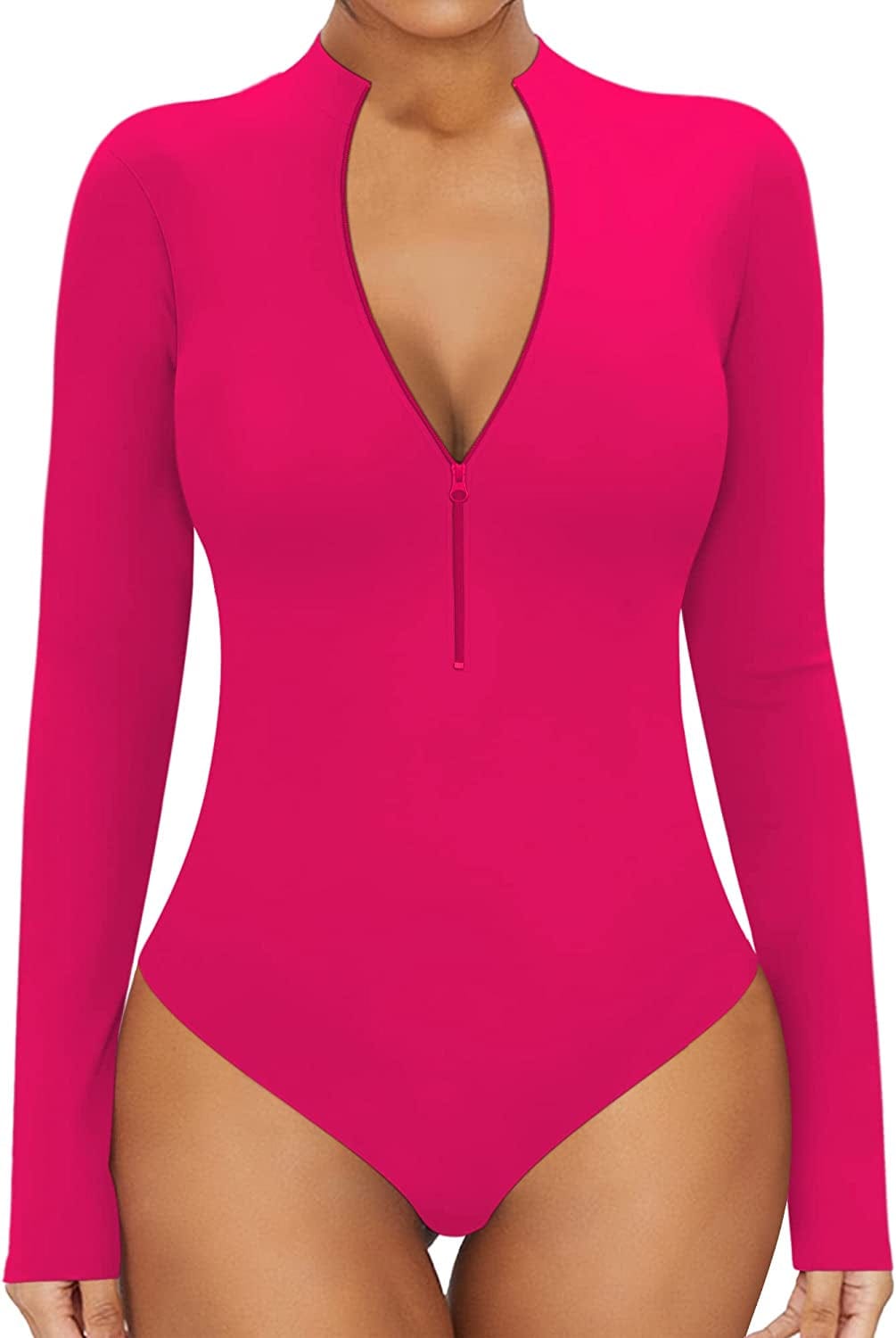 MANGOPOP Sexy Bodysuit for Women Zipper Mock V Neck Sleeveless Short Sleeve Long Sleeve Tops T Shirts Jumpsuit Long Sleeve Rose Pink / X-Large