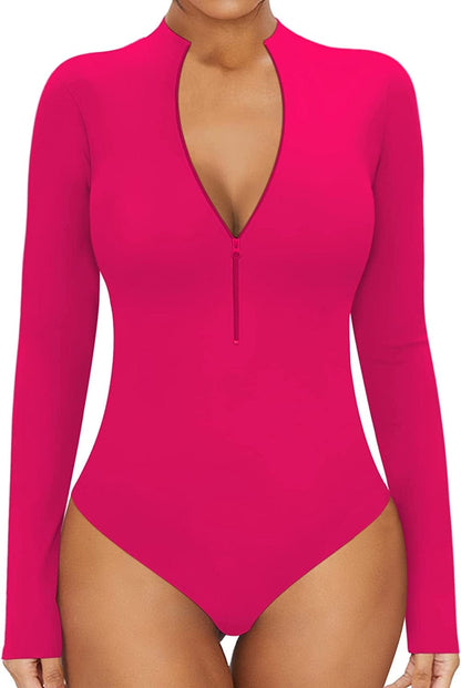 MANGOPOP Sexy Bodysuit for Women Zipper Mock V Neck Sleeveless Short Sleeve Long Sleeve Tops T Shirts Jumpsuit Long Sleeve Rose Pink / X-Large