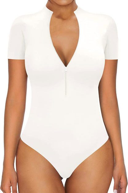 MANGOPOP Sexy Bodysuit for Women Zipper Mock V Neck Sleeveless Short Sleeve Long Sleeve Tops T Shirts Jumpsuit C Short Sleeve White / X-Large