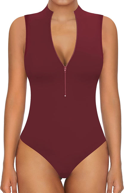 MANGOPOP Sexy Bodysuit for Women Zipper Mock V Neck Sleeveless Short Sleeve Long Sleeve Tops T Shirts Jumpsuit Sleeveless Burgundy / X-Large