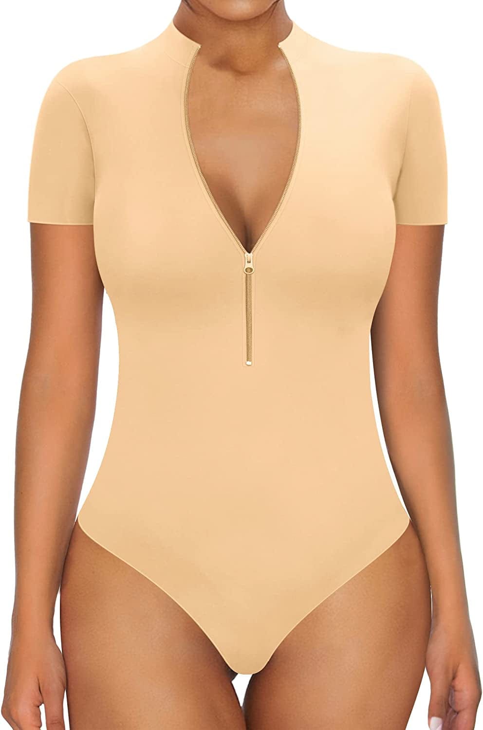 MANGOPOP Sexy Bodysuit for Women Zipper Mock V Neck Sleeveless Short Sleeve Long Sleeve Tops T Shirts Jumpsuit Short Sleeve Nude / X-Large
