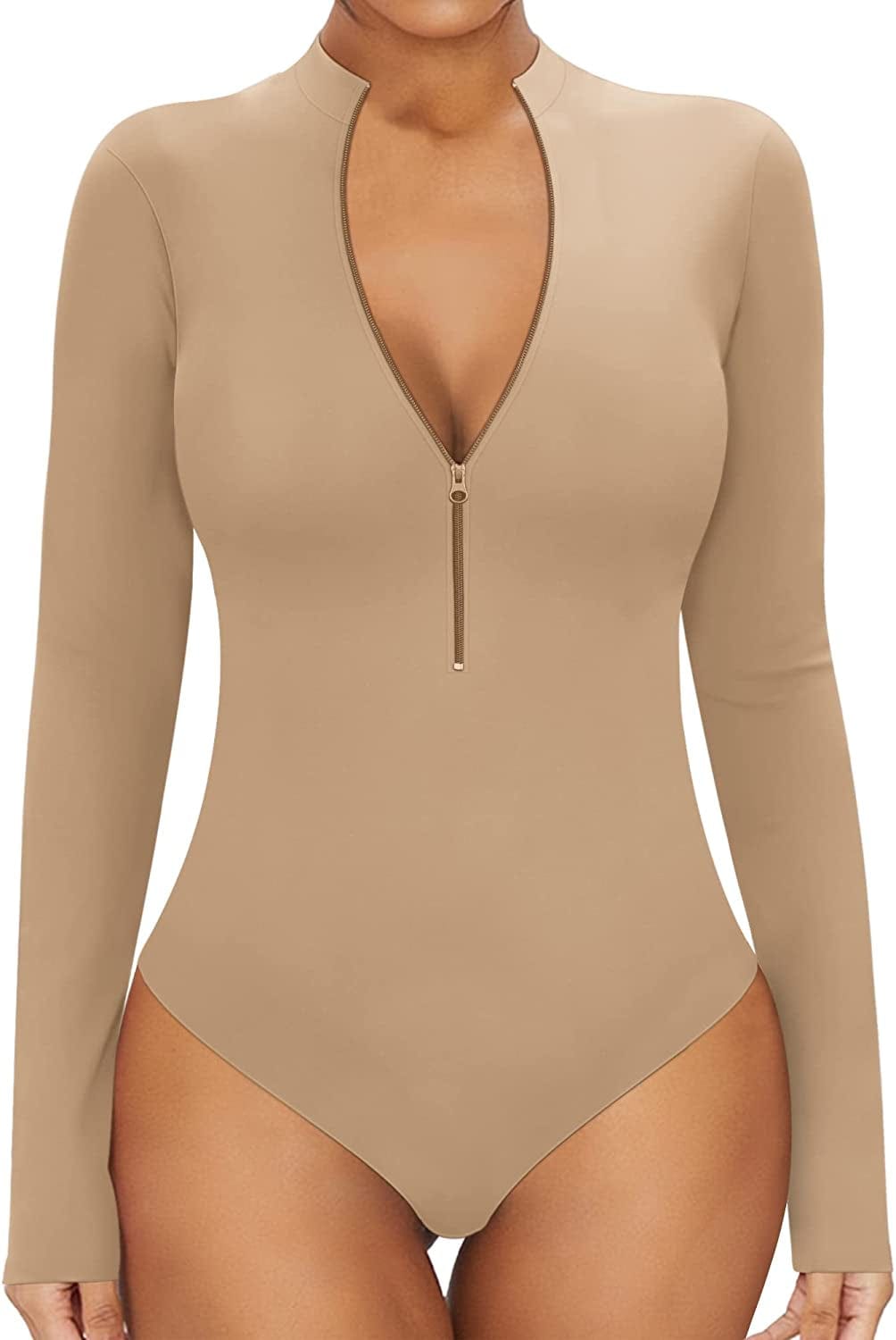 MANGOPOP Sexy Bodysuit for Women Zipper Mock V Neck Sleeveless Short Sleeve Long Sleeve Tops T Shirts Jumpsuit Long Sleeve Mocha / Medium