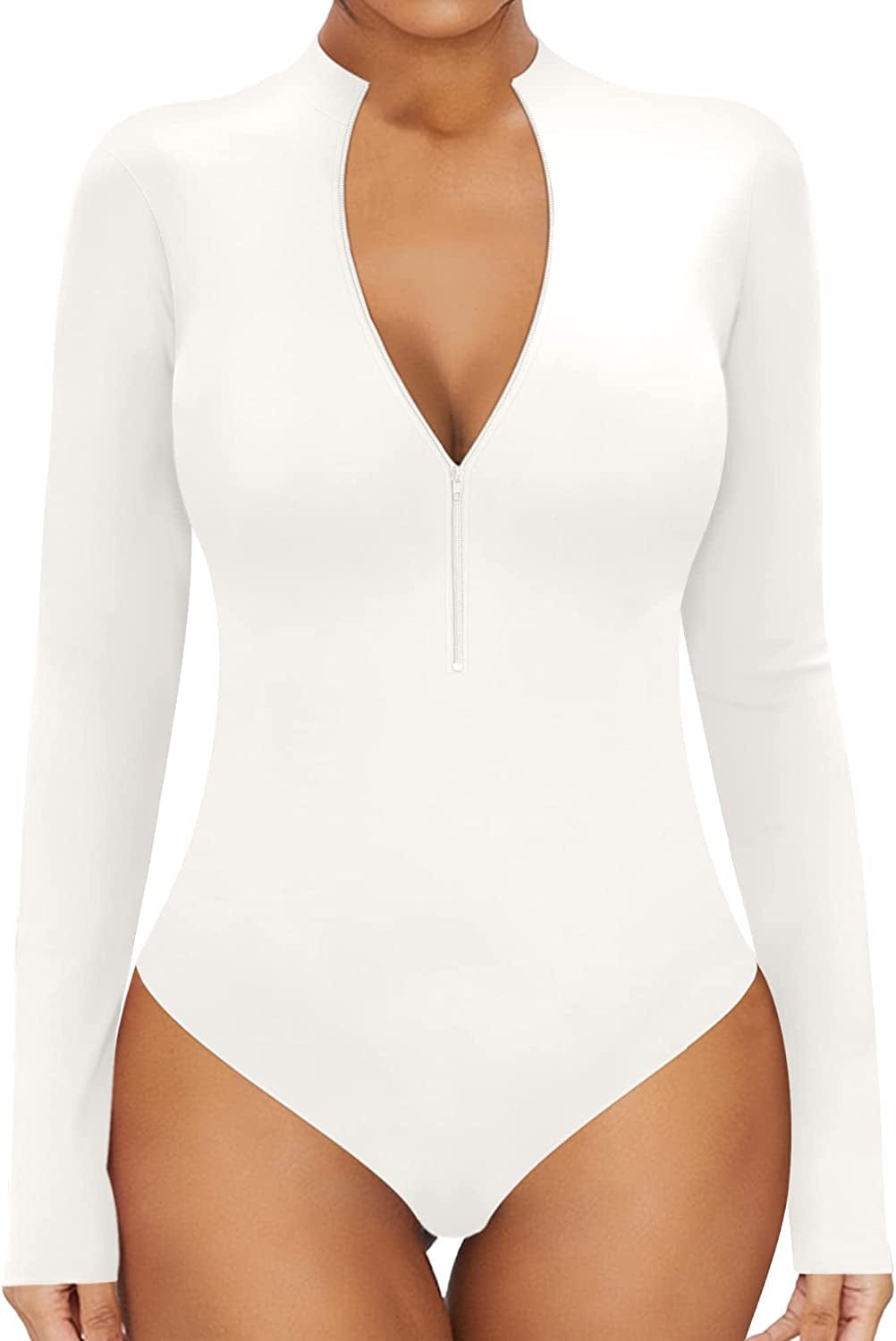 MANGOPOP Sexy Bodysuit for Women Zipper Mock V Neck Sleeveless Short Sleeve Long Sleeve Tops T Shirts Jumpsuit D Long Sleeve White / X-Large