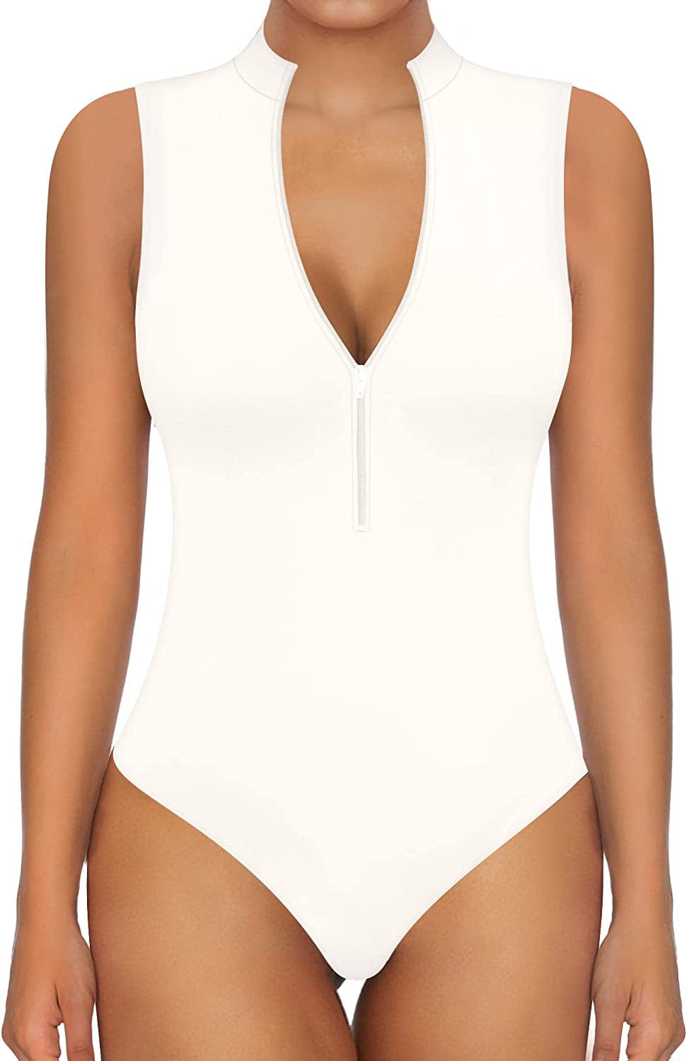 MANGOPOP Sexy Bodysuit for Women Zipper Mock V Neck Sleeveless Short Sleeve Long Sleeve Tops T Shirts Jumpsuit C Sleeveless White / X-Large