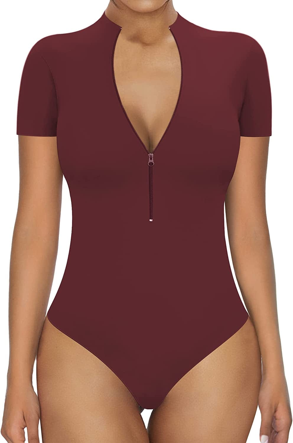 MANGOPOP Sexy Bodysuit for Women Zipper Mock V Neck Sleeveless Short Sleeve Long Sleeve Tops T Shirts Jumpsuit Short Sleeve Burgundy / X-Large