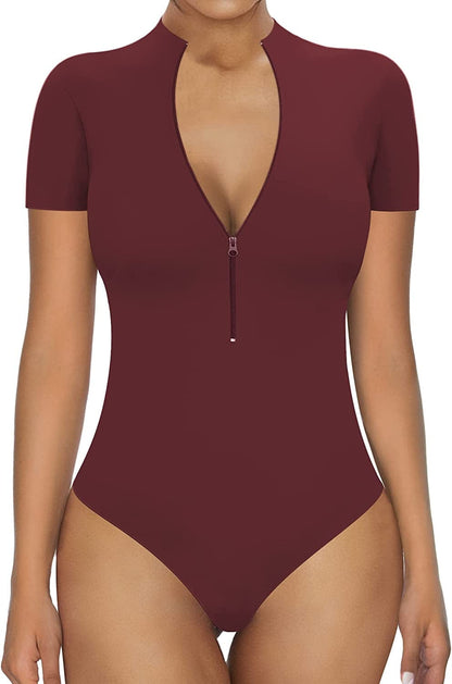 MANGOPOP Sexy Bodysuit for Women Zipper Mock V Neck Sleeveless Short Sleeve Long Sleeve Tops T Shirts Jumpsuit Short Sleeve Burgundy / X-Large