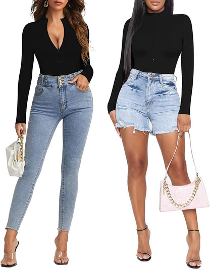 MANGOPOP Sexy Bodysuit for Women Zipper Mock V Neck Sleeveless Short Sleeve Long Sleeve Tops T Shirts Jumpsuit