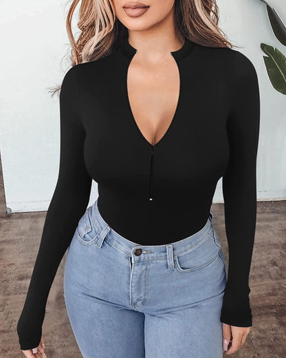 MANGOPOP Sexy Bodysuit for Women Zipper Mock V Neck Sleeveless Short Sleeve Long Sleeve Tops T Shirts Jumpsuit