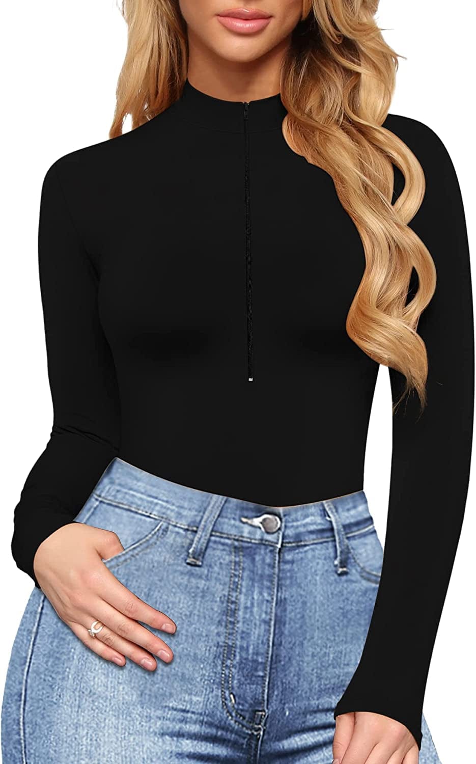 MANGOPOP Sexy Bodysuit for Women Zipper Mock V Neck Sleeveless Short Sleeve Long Sleeve Tops T Shirts Jumpsuit
