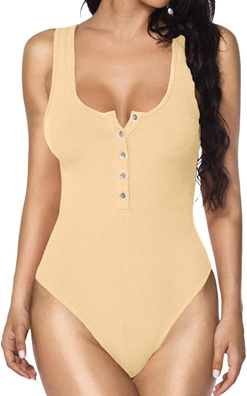 MANGOPOP Women'S Henley Shirt Scoop Neck Button down Ribbed Sleeveless Tank Top/Long Sleeve Short Sleeve Bodysuits Sleeveless Nude / Large