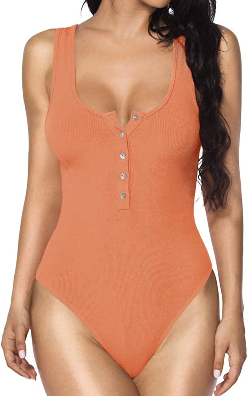 MANGOPOP Women'S Henley Shirt Scoop Neck Button down Ribbed Sleeveless Tank Top/Long Sleeve Short Sleeve Bodysuits Sleeveless Orange / Large