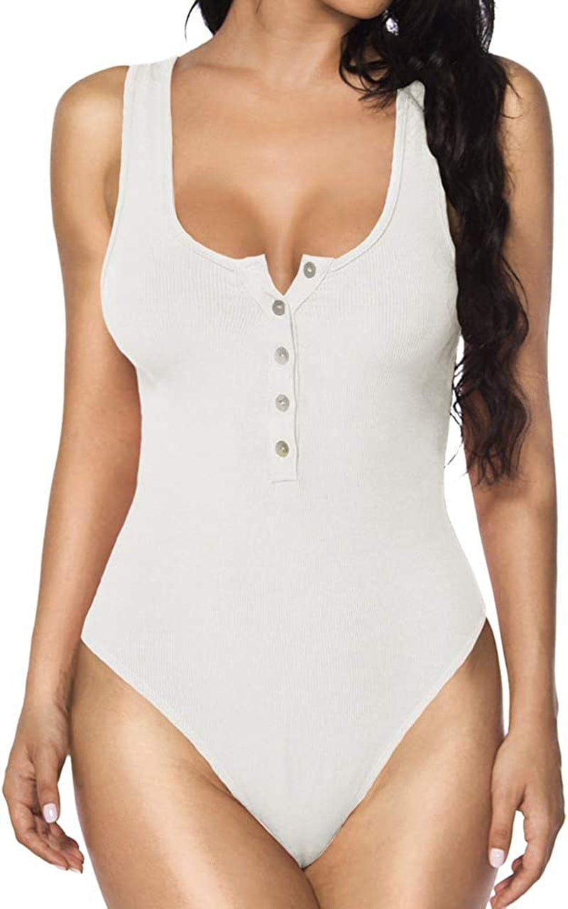 MANGOPOP Women'S Henley Shirt Scoop Neck Button down Ribbed Sleeveless Tank Top/Long Sleeve Short Sleeve Bodysuits A Sleeveless Cream White / Large