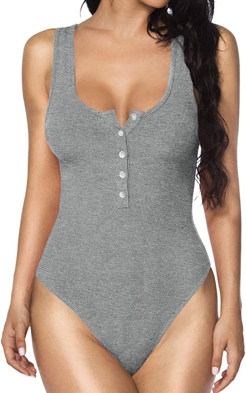 MANGOPOP Women'S Henley Shirt Scoop Neck Button down Ribbed Sleeveless Tank Top/Long Sleeve Short Sleeve Bodysuits Sleeveless Dark Heather Grey / Large