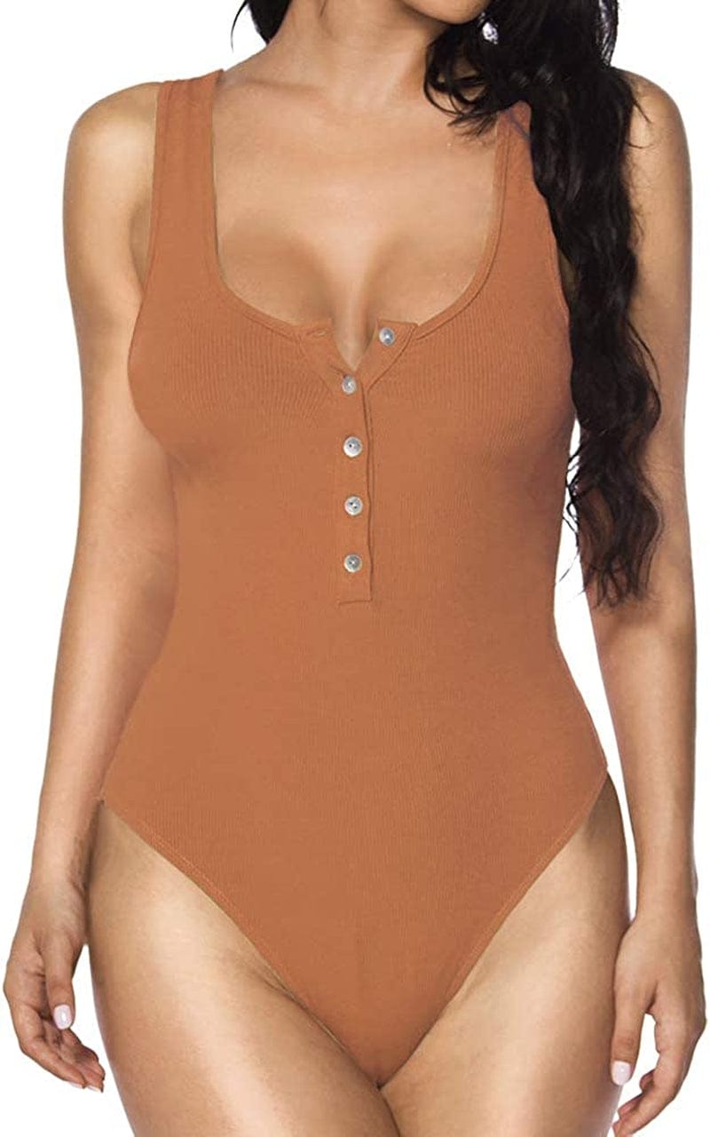 MANGOPOP Women'S Henley Shirt Scoop Neck Button down Ribbed Sleeveless Tank Top/Long Sleeve Short Sleeve Bodysuits Sleeveless Khaki / Large