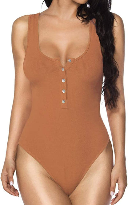 MANGOPOP Women'S Henley Shirt Scoop Neck Button down Ribbed Sleeveless Tank Top/Long Sleeve Short Sleeve Bodysuits Sleeveless Khaki / Large