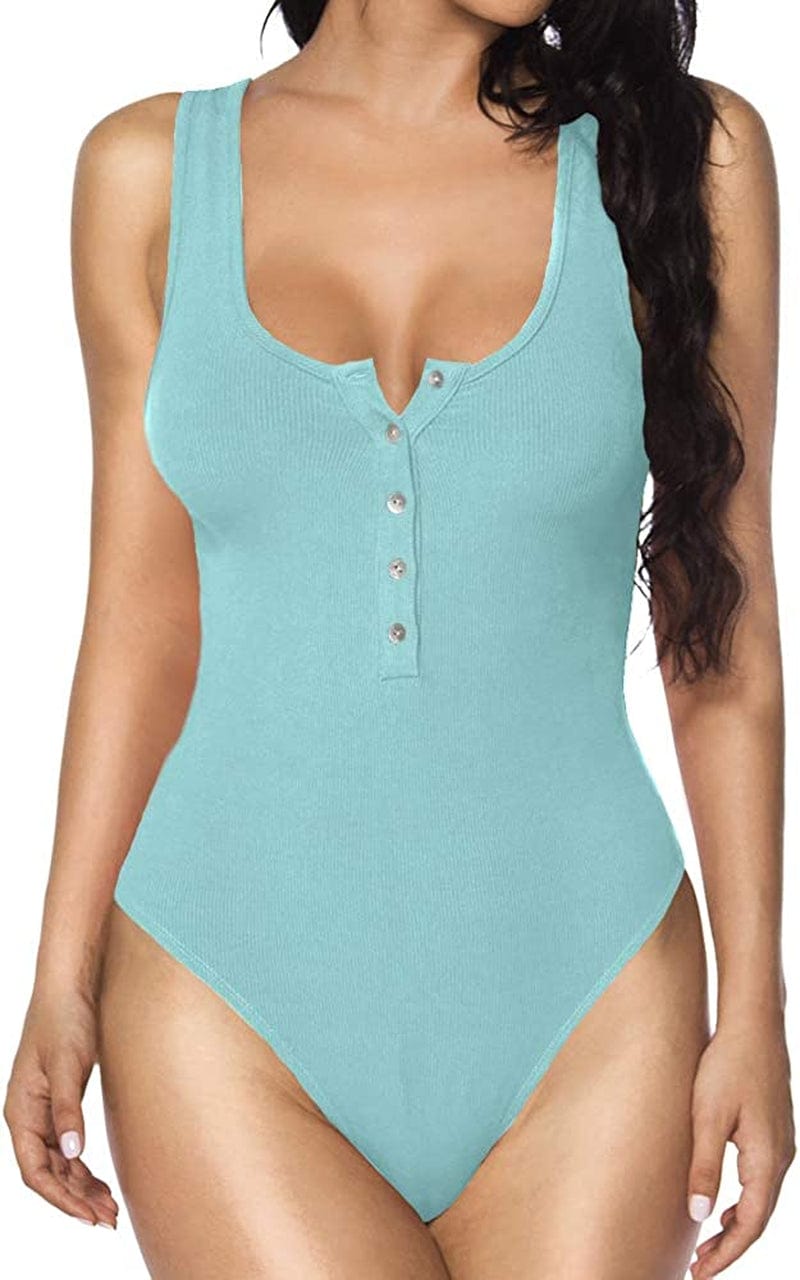 MANGOPOP Women'S Henley Shirt Scoop Neck Button down Ribbed Sleeveless Tank Top/Long Sleeve Short Sleeve Bodysuits Sleeveless Baby Blue / Large