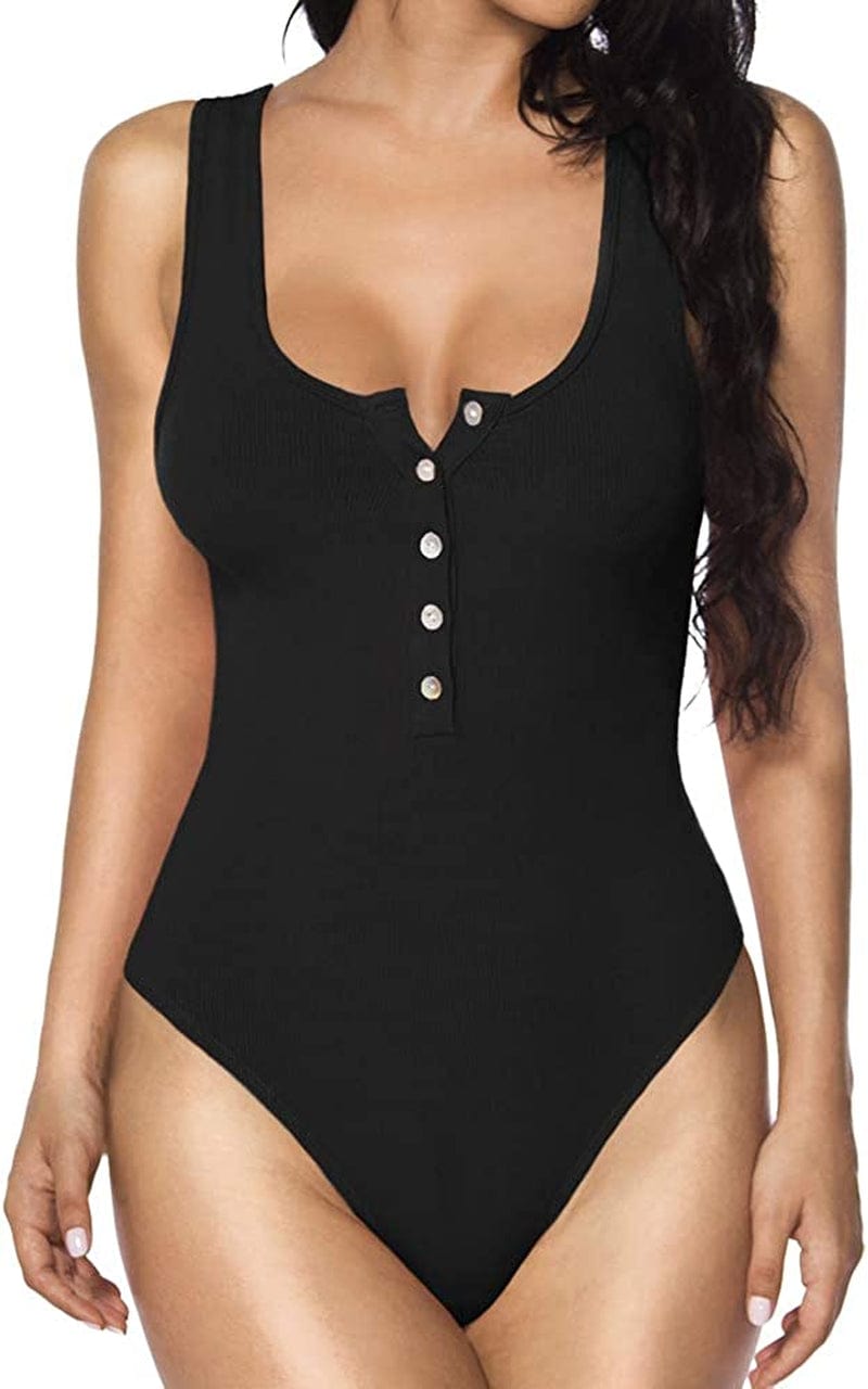 MANGOPOP Women'S Henley Shirt Scoop Neck Button down Ribbed Sleeveless Tank Top/Long Sleeve Short Sleeve Bodysuits A Sleeveless Black / Large