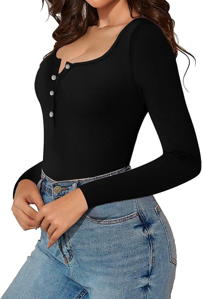 MANGOPOP Women'S Henley Shirt Scoop Neck Button down Ribbed Sleeveless Tank Top/Long Sleeve Short Sleeve Bodysuits