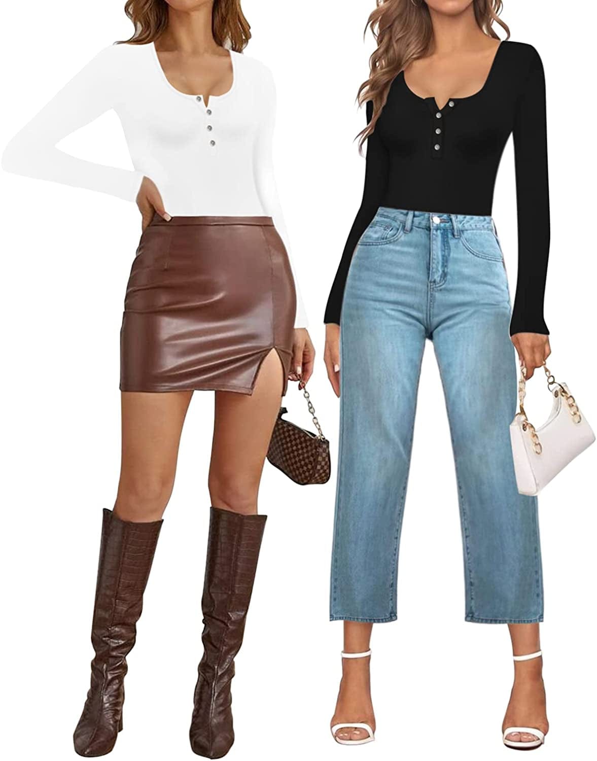MANGOPOP Women'S Henley Shirt Scoop Neck Button down Ribbed Sleeveless Tank Top/Long Sleeve Short Sleeve Bodysuits
