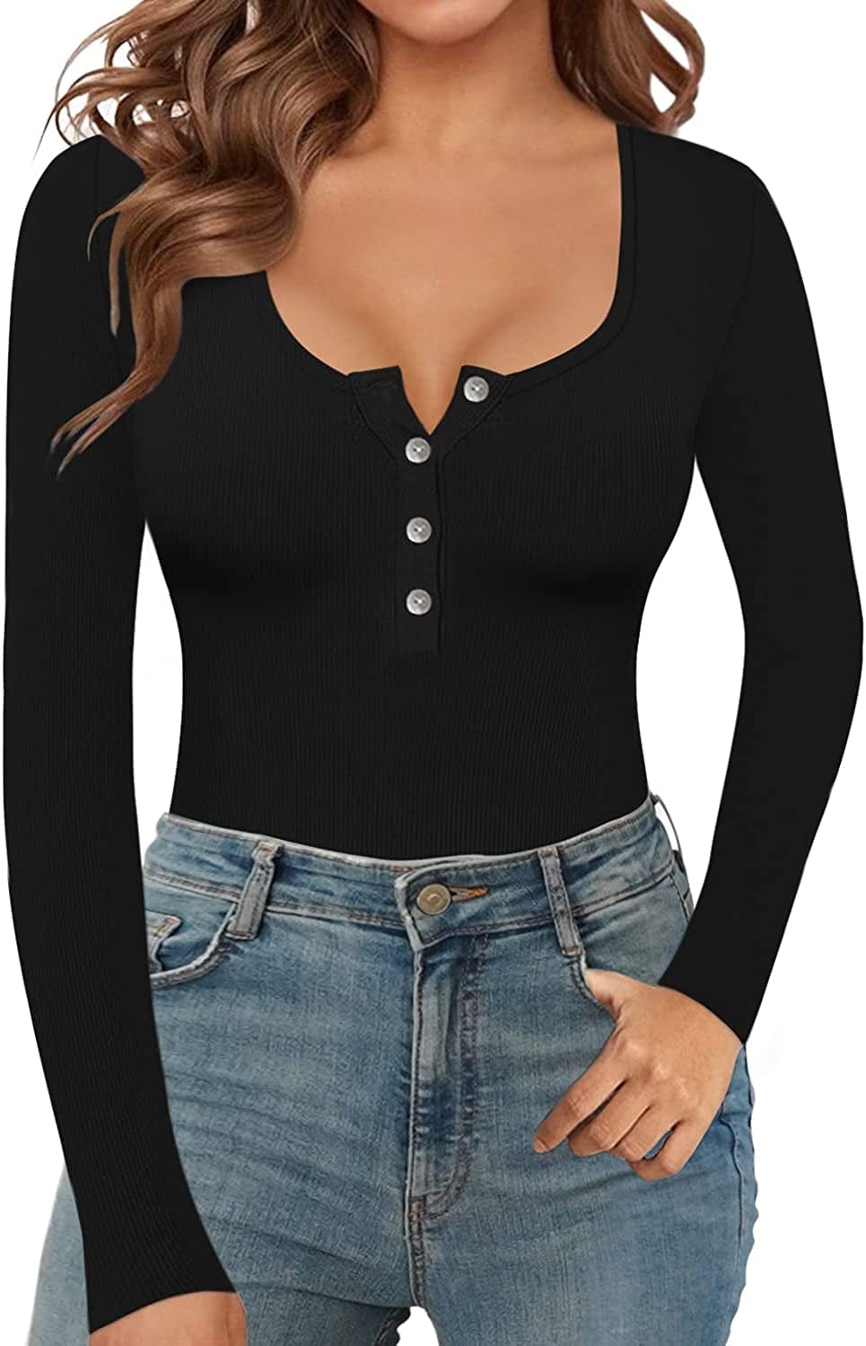 MANGOPOP Women'S Henley Shirt Scoop Neck Button down Ribbed Sleeveless Tank Top/Long Sleeve Short Sleeve Bodysuits