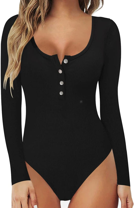 MANGOPOP Women'S Henley Shirt Scoop Neck Button down Ribbed Sleeveless Tank Top/Long Sleeve Short Sleeve Bodysuits B Long Sleeve Black / Large