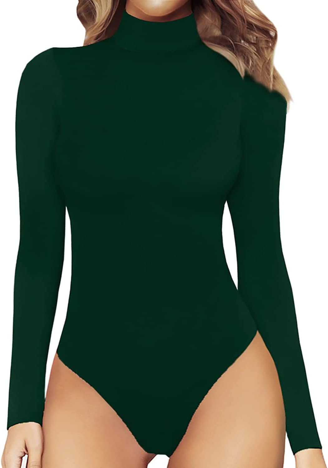 MANGOPOP Women'S Mock Turtle Neck Long Sleeve Tops Bodysuit Jumpsuit Long Sleeve Deep Green / XX-Large