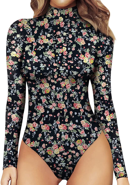MANGOPOP Women'S Mock Turtle Neck Long Sleeve Tops Bodysuit Jumpsuit Long Sleeve 2#flowers / XX-Large