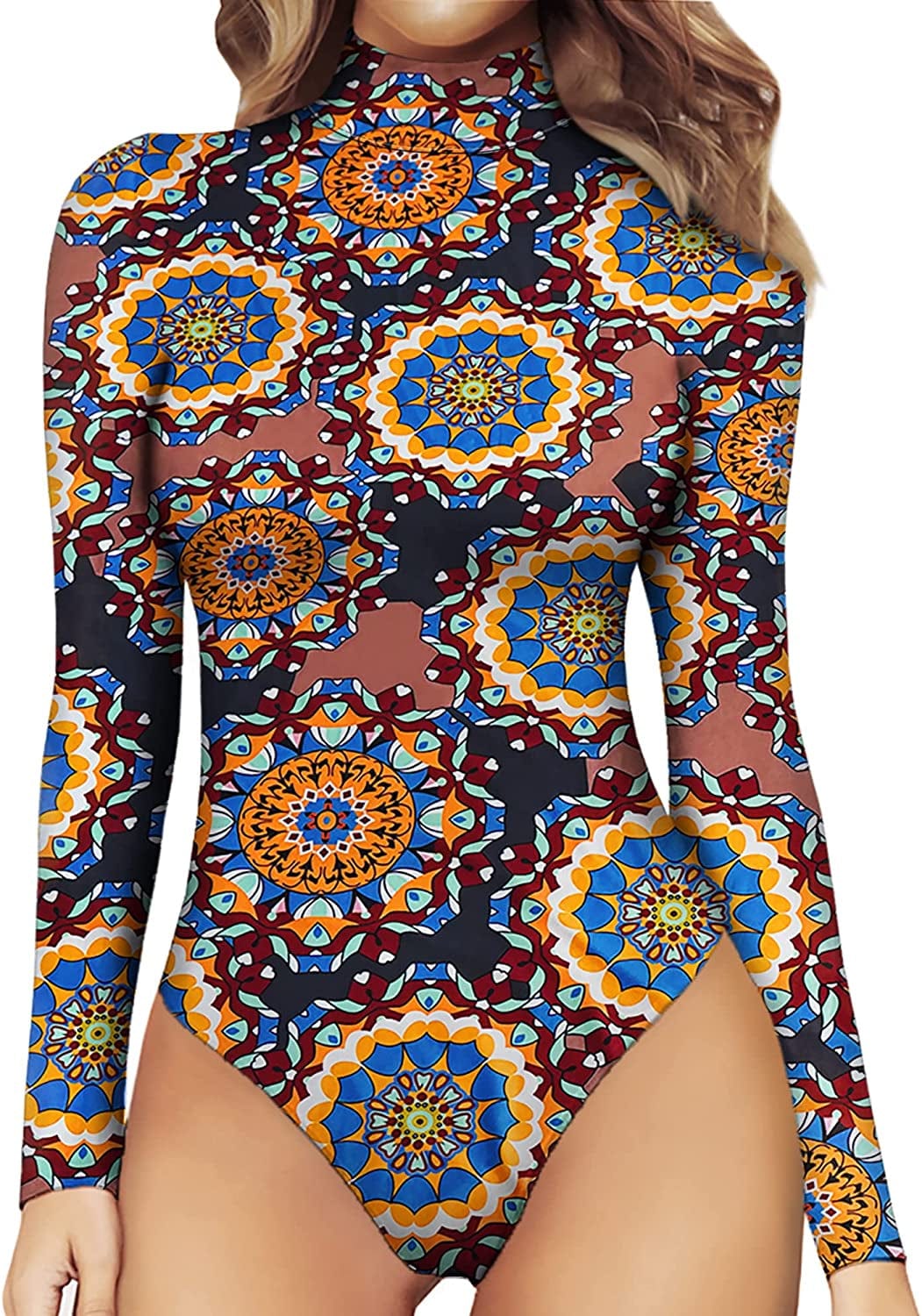MANGOPOP Women'S Mock Turtle Neck Long Sleeve Tops Bodysuit Jumpsuit Long Sleeve 3#mandala / XX-Large