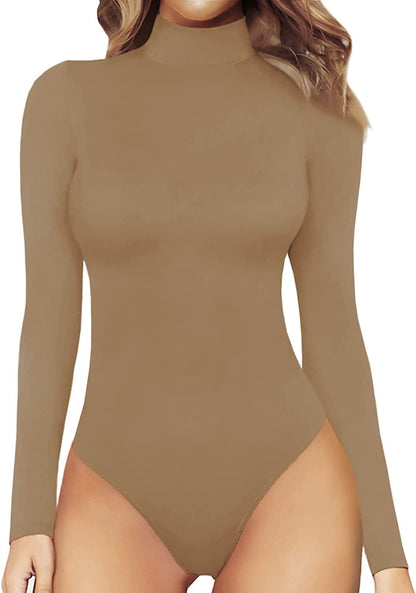 MANGOPOP Women'S Mock Turtle Neck Long Sleeve Tops Bodysuit Jumpsuit Long Sleeve Tan / XX-Large