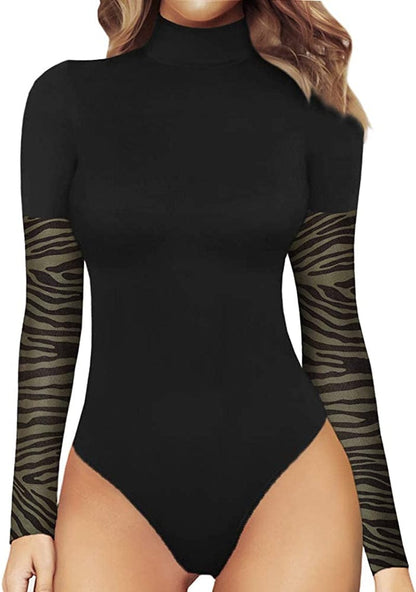 MANGOPOP Women'S Mock Turtle Neck Long Sleeve Tops Bodysuit Jumpsuit C 1#patchwork Mesh Sleeve / XX-Large