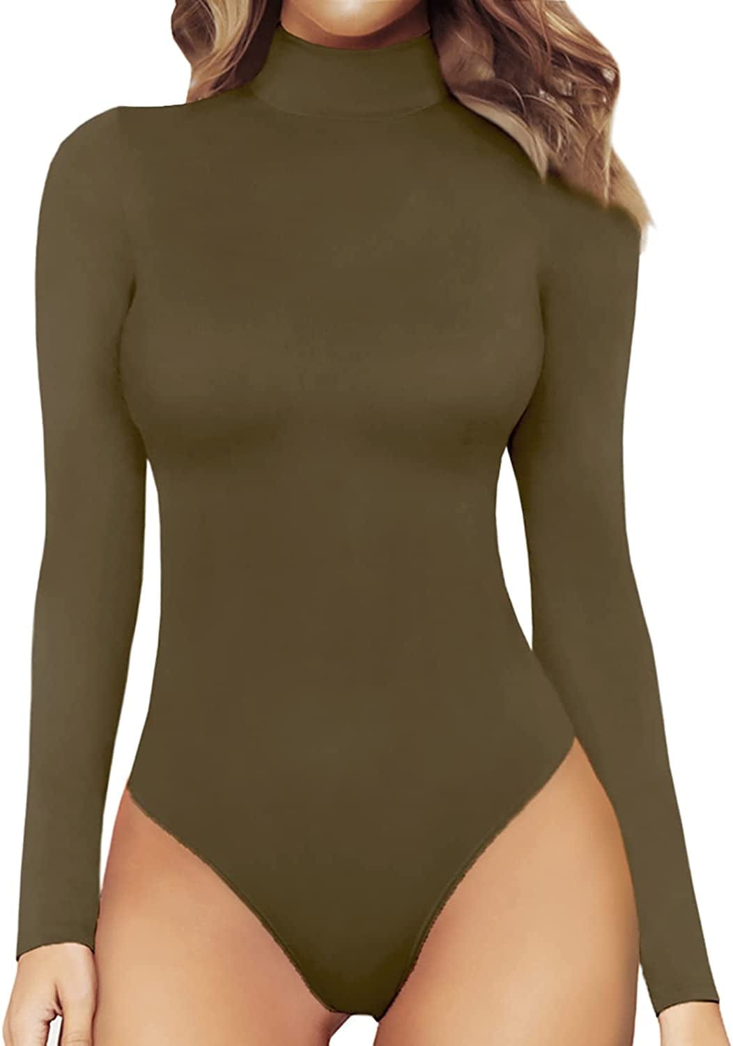 MANGOPOP Women'S Mock Turtle Neck Long Sleeve Tops Bodysuit Jumpsuit Long Sleeve Army Green / XX-Large