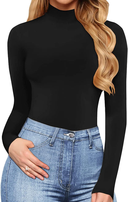 MANGOPOP Women'S Mock Turtle Neck Long Sleeve Tops Bodysuit Jumpsuit