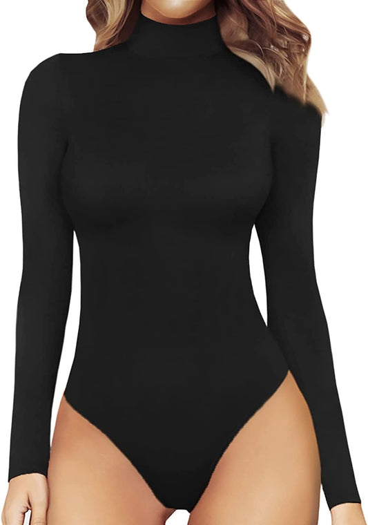 MANGOPOP Women'S Mock Turtle Neck Long Sleeve Tops Bodysuit Jumpsuit A Long Sleeve Black / X-Small